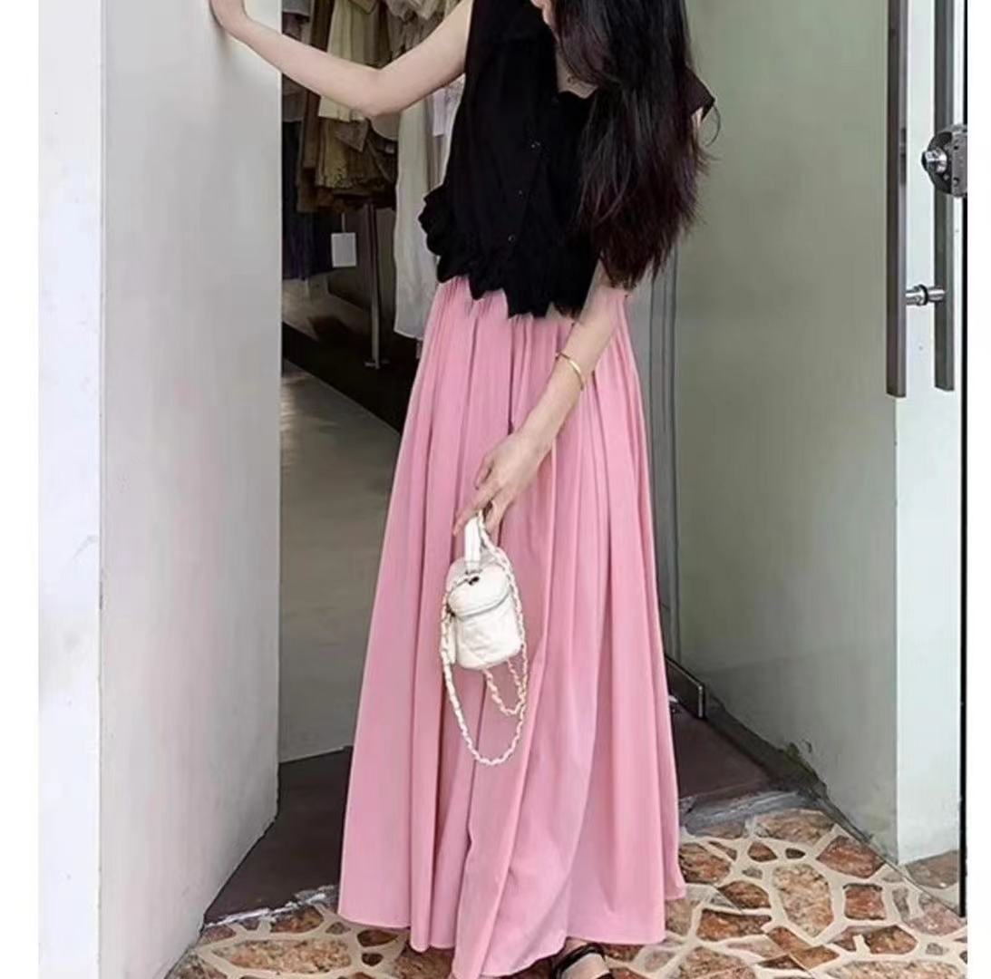 Summer new French style solid color sleeveless shirt + skirt slimming two-piece set