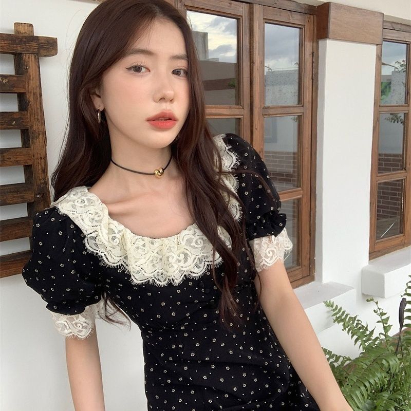 Black French ruffle collar sweet floral dress 2024 new summer style mid-length light luxury short-sleeved tea break dress