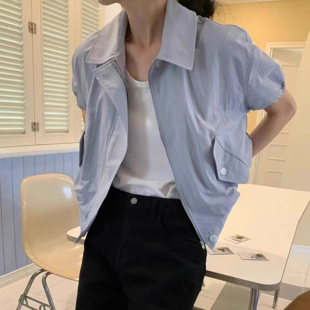 Korean chic summer niche versatile lapel pocket loose casual short zippered short-sleeved jacket for women