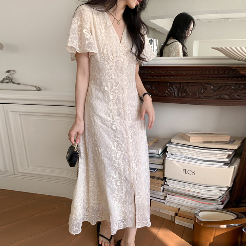 크기 있음 업데이트 한국 chic 프랑스식 레이스 디자인 센스 V넥 슬림해 보이는 싱글 줄 버튼 드레스