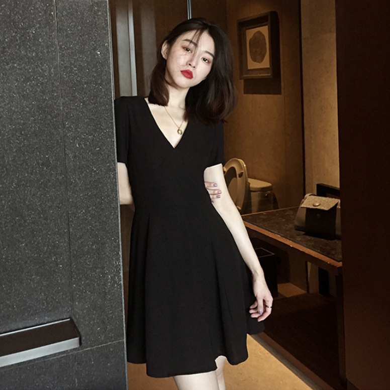 여름 드레스 레트로 그는 벤 바람 블랙 치마 V넥 작은 키 검정색 한 마디 작은 심장 기계 슬림해 보이는 드레스