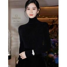 批发刘诗诗明星<b class='q'>同款</b>高品质羊绒衫简约黑色针织上衣修身半高领打底毛衫