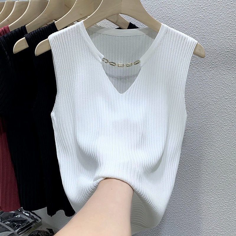 Ice Silk 180 Jin Sleeveless Vest Women's 2024 Summer New V-neck Versatile Design Slim Bottoming Shirt Trendy Top
