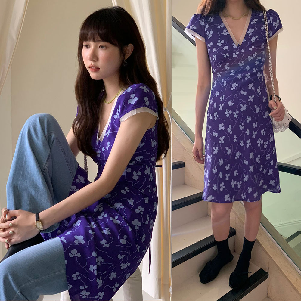 Real shot, romantic vacation, retro French bow print V-neck slim puff sleeve midi dress