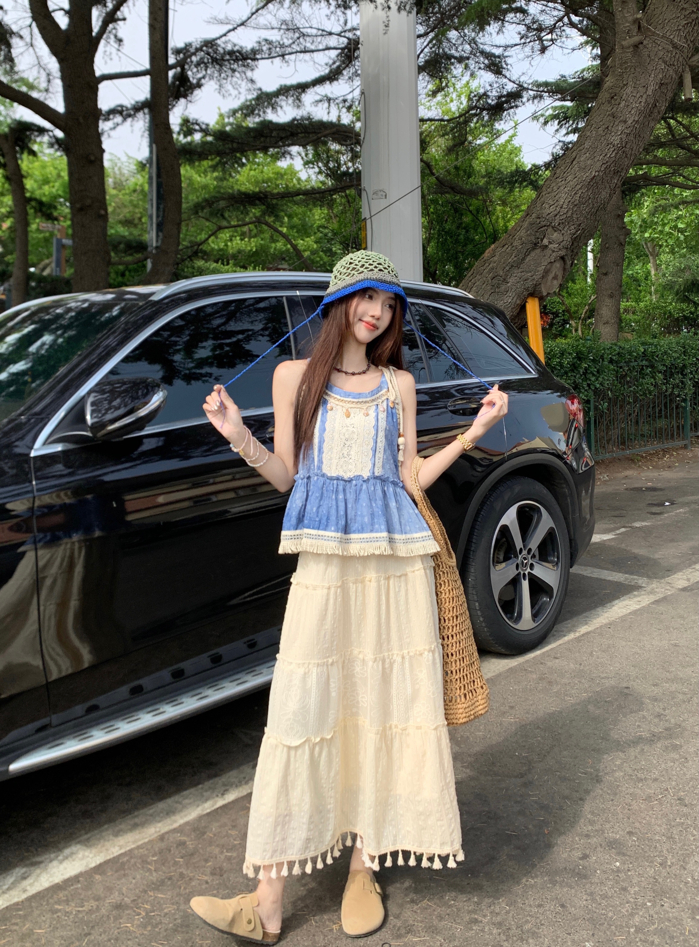 Actual shot~ Shell beaded blue tie-dye sleeveless top for women with fringed splicing lace skirt suit