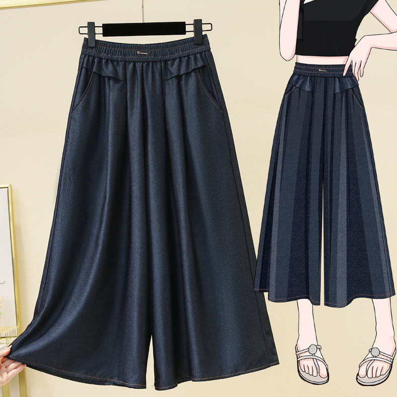 Actual shot of summer new large size loose Tencel wide leg three-point thin jeans for fat girls vacation travel casual skirt pants