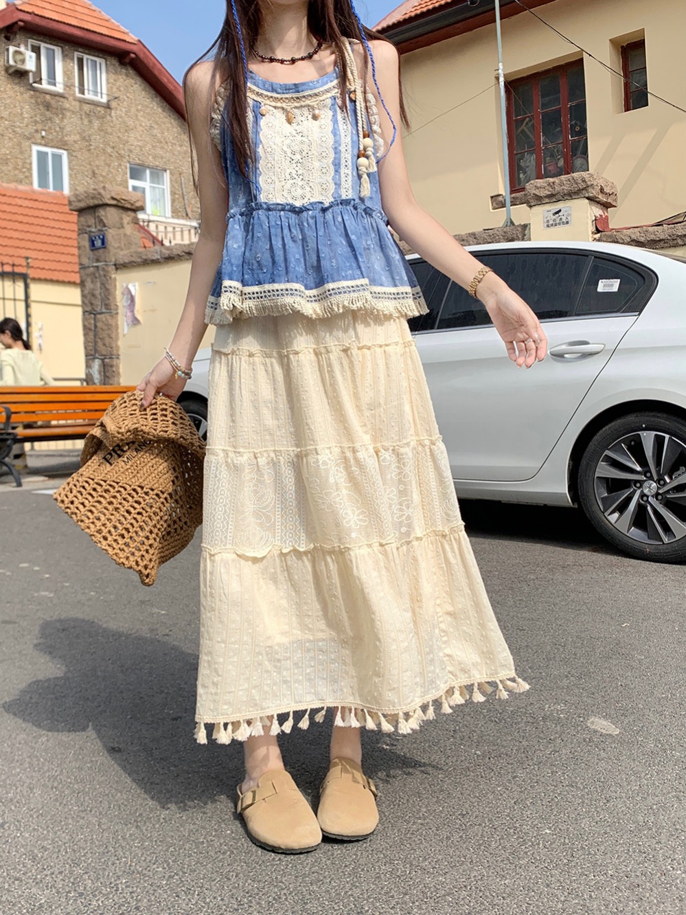 Actual shot~ Shell beaded blue tie-dye sleeveless top for women with fringed splicing lace skirt suit