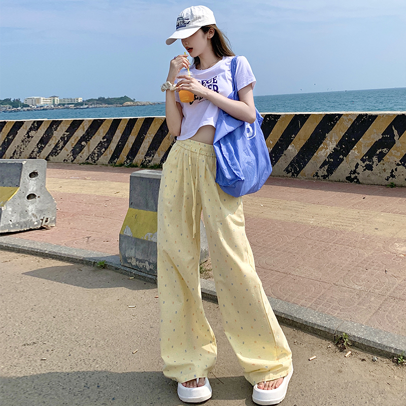 Real shot of colorful polka-dot wide-leg pants for women, thin summer style 2024 new high-waisted casual trousers