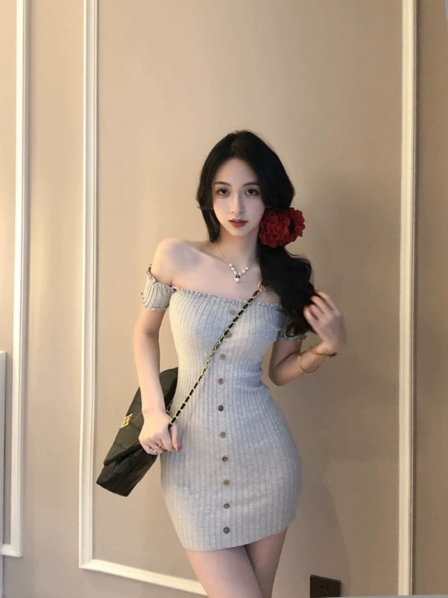 Tmall quality one-shoulder sexy tight hip skirt women's ice silk button slim waist short dress