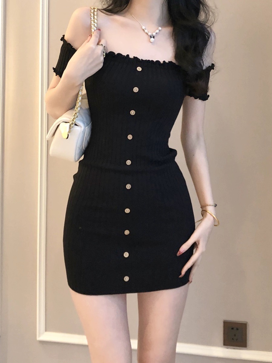 Tmall quality one-shoulder sexy tight hip skirt women's ice silk button slim waist short dress