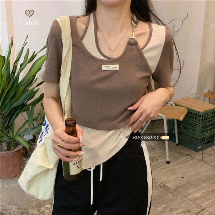 Fashion super hot Korean style irregular fake two-piece short-sleeved women's summer niche design hot girl short slim-fitting top