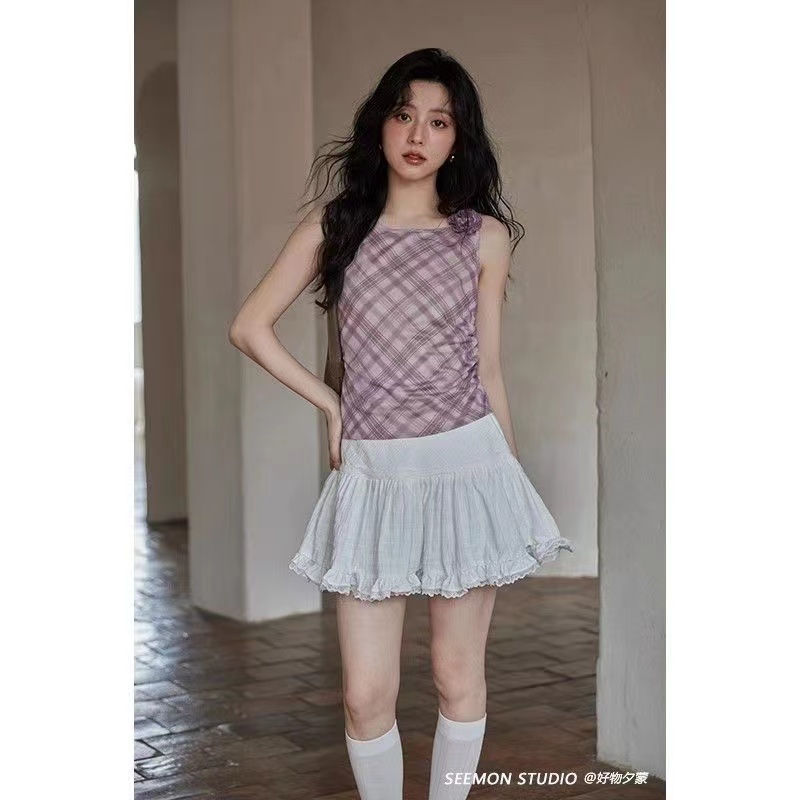 2024 new summer design niche purple temperament plaid sleeveless vest petite short t-shirt tops for women