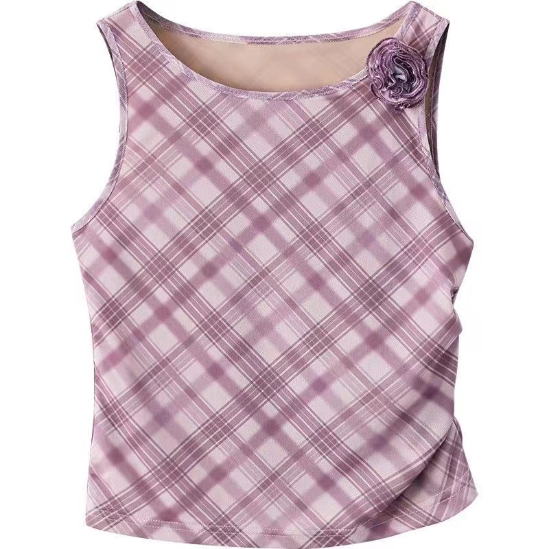 2024 new summer design niche purple temperament plaid sleeveless vest petite short t-shirt tops for women