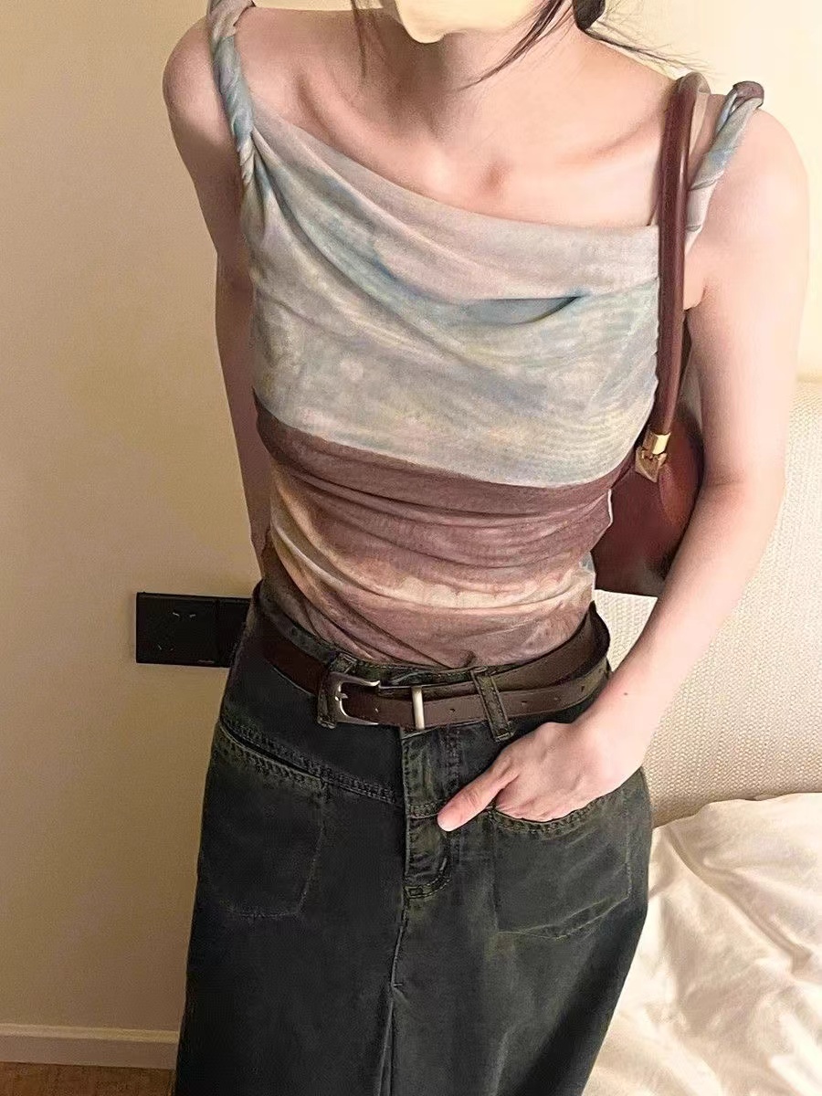 Arinaaa Studio Monet's Art Exhibition Sfumato Abstract Oil Painting Mesh Irregular Vest Women's Shoulderless