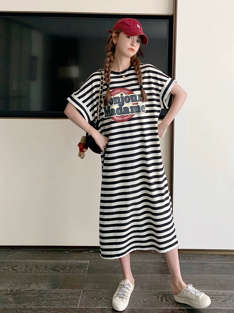 Tmall quality slim T-shirt striped dress women's 2024 new summer mid-length style with high-end feel