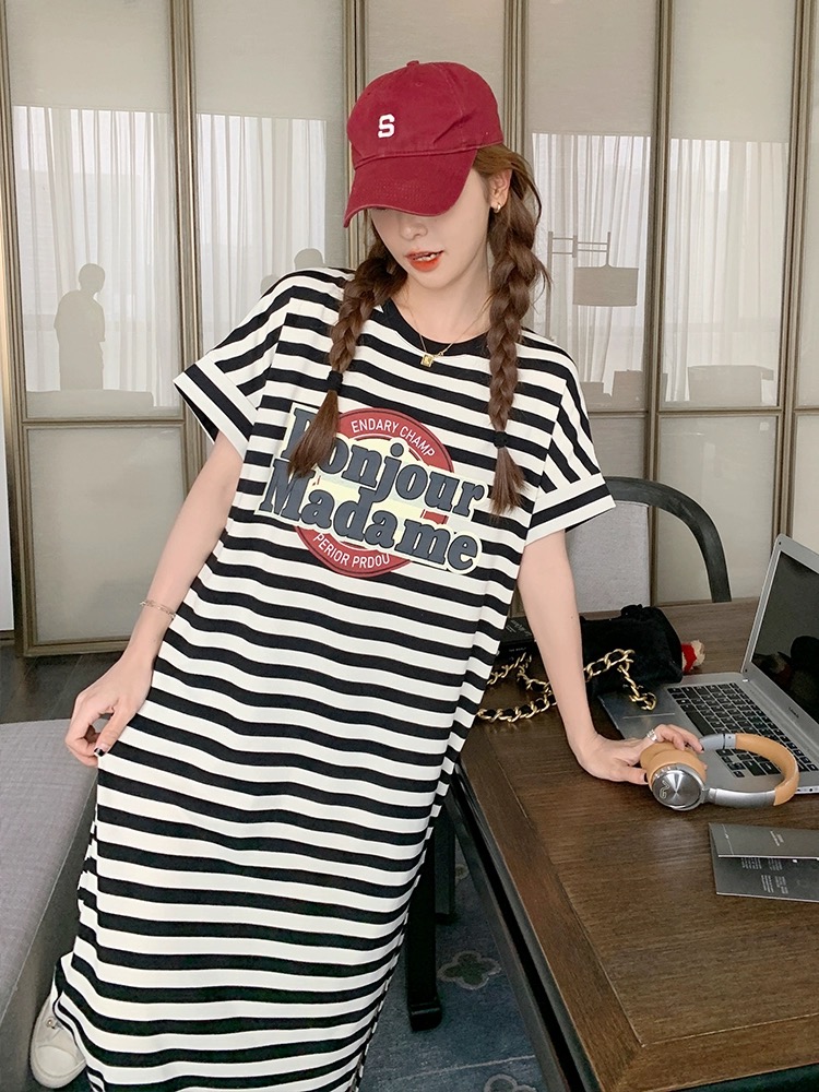 Tmall quality slim T-shirt striped dress women's 2024 new summer mid-length style with high-end feel