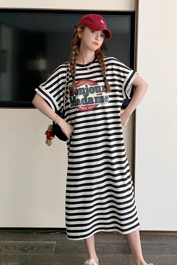 Tmall quality slim T-shirt striped dress women's 2024 new summer mid-length style with high-end feel