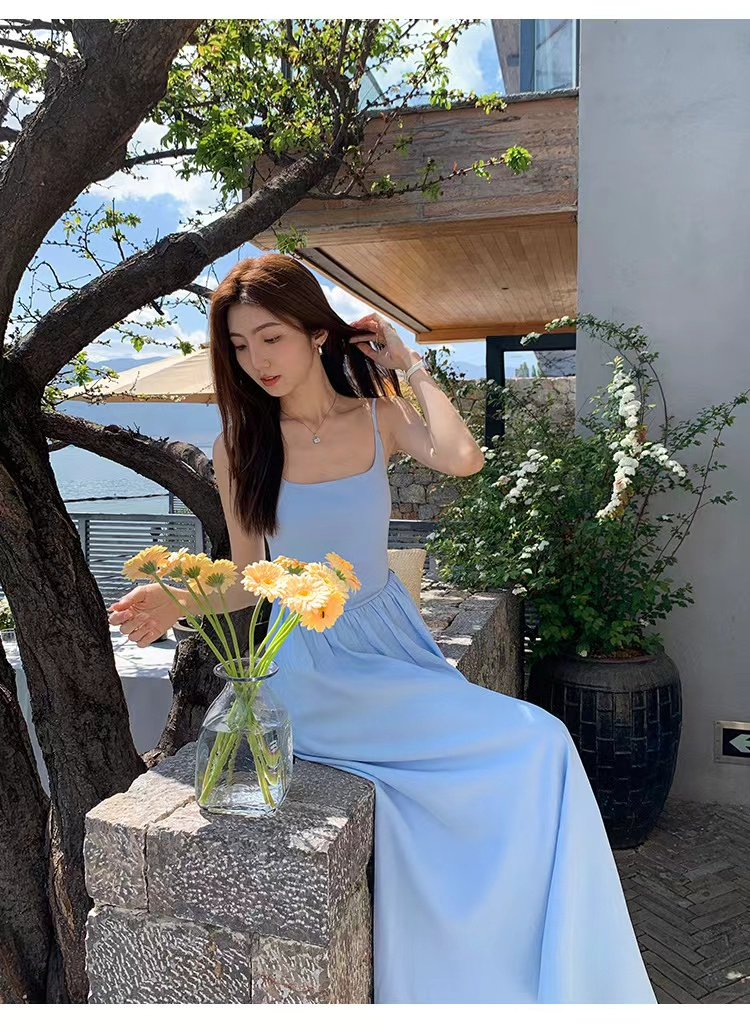 kumikumi gentle style blue simple suspender dress women's 2024 summer slim waist A-line skirt long skirt