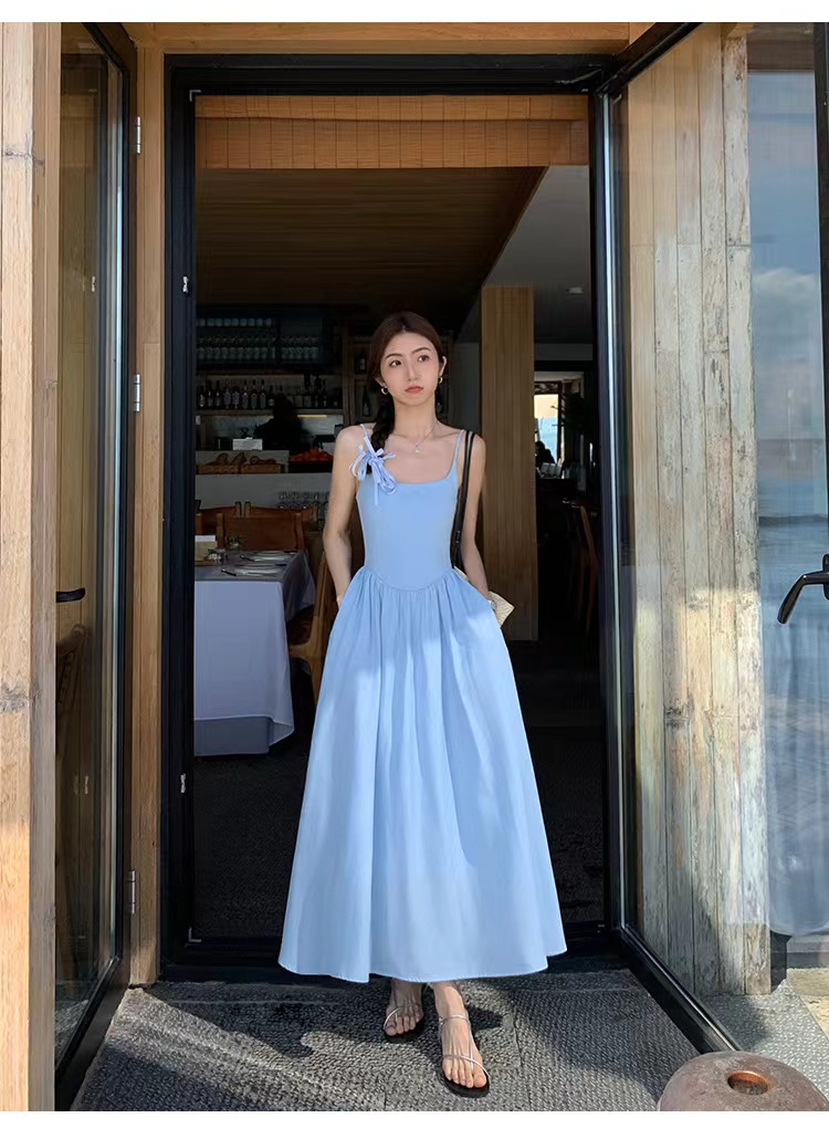 kumikumi gentle style blue simple suspender dress women's 2024 summer slim waist A-line skirt long skirt