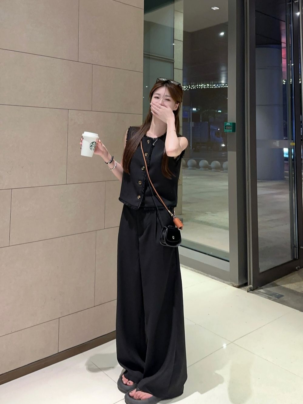 Actual shot ~ Old money style linen style tassel vest for women sleeveless top + elastic waist straight trousers suit