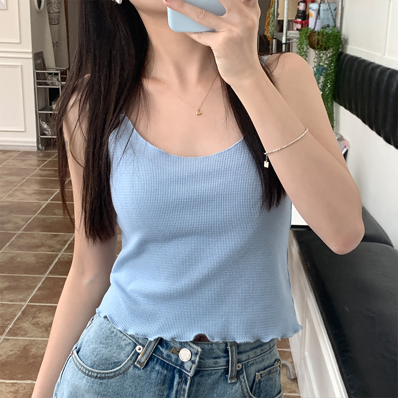 Real shot of lace small suspenders for women's summer new style short sleeveless bottoming top with ear rims