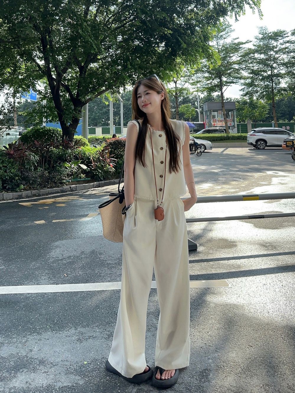 Actual shot ~ Old money style linen style tassel vest for women sleeveless top + elastic waist straight trousers suit