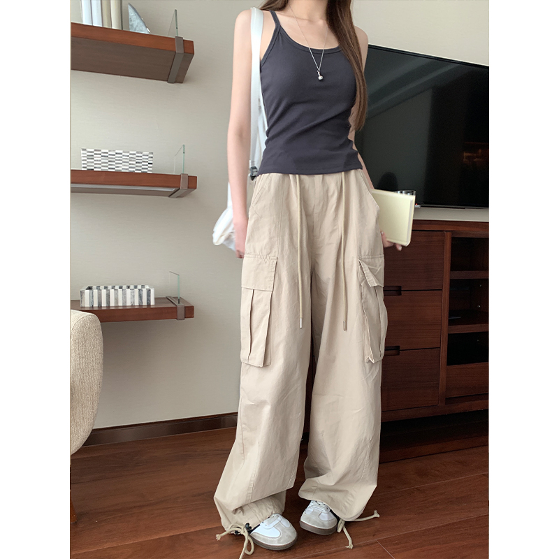 Real shot of American retro white workwear casual pants for women summer new high waist wide leg drawstring floor mopping pants