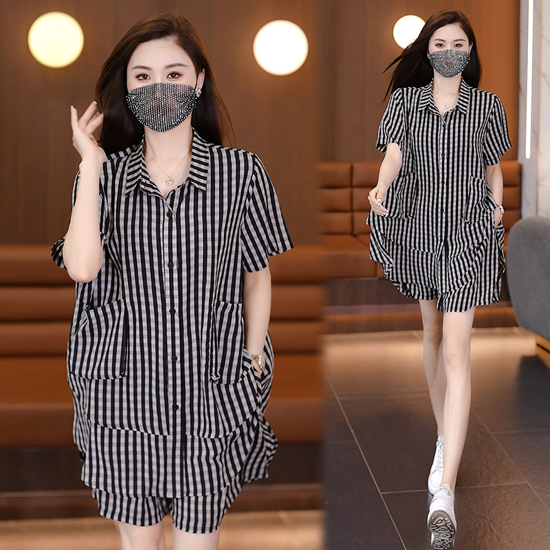 PF27853#夏季新品雪纺衬衣套装短裤宽松显瘦减龄遮肚大码女装女裝貨源服裝批發