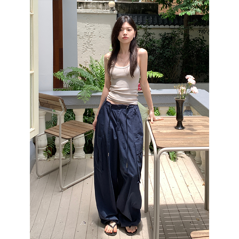 Real shot of American retro white workwear casual pants for women summer new high waist wide leg drawstring floor mopping pants