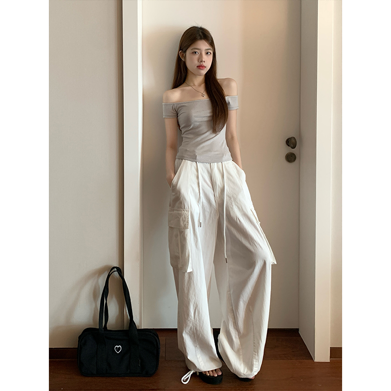 Real shot of American retro white workwear casual pants for women summer new high waist wide leg drawstring floor mopping pants