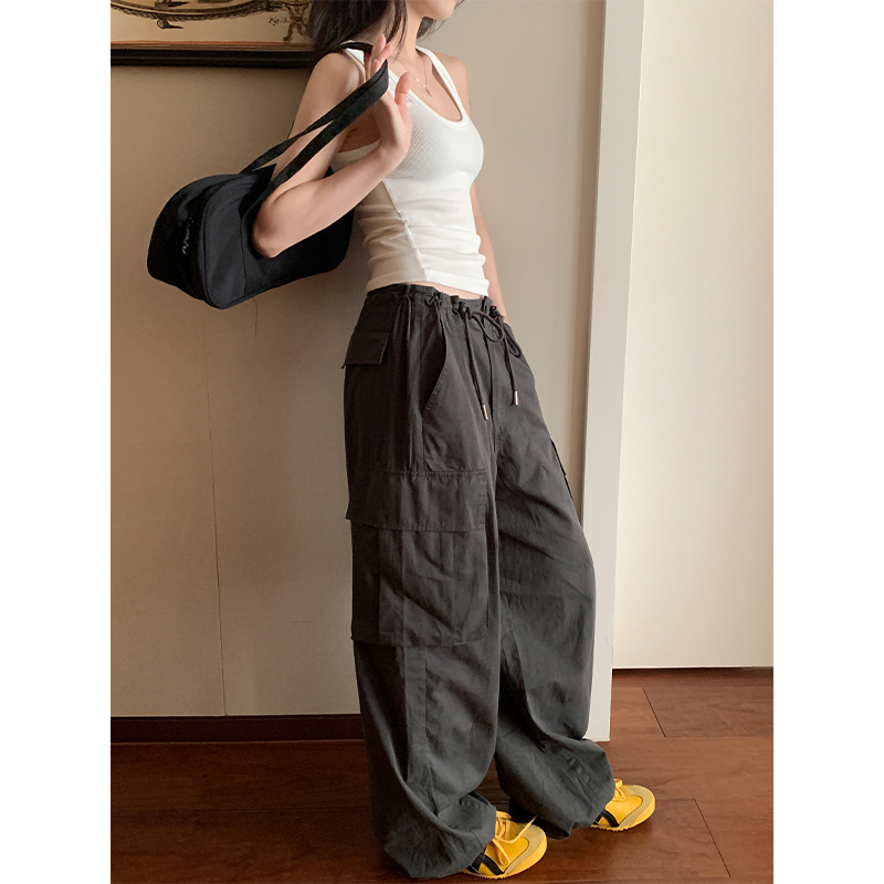 Real shot of American retro white workwear casual pants for women summer new high waist wide leg drawstring floor mopping pants