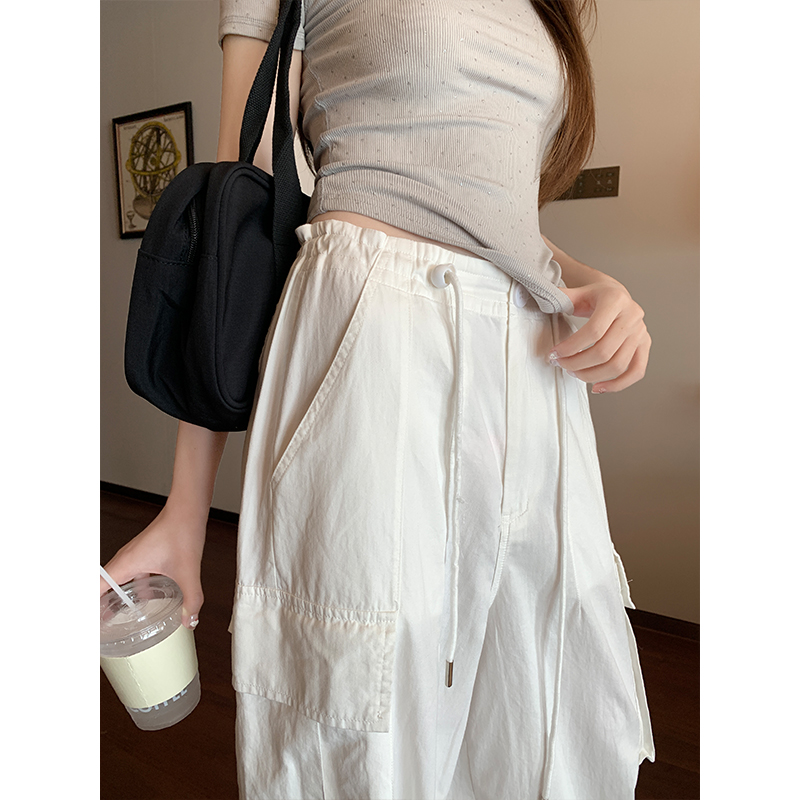 Real shot of American retro white workwear casual pants for women summer new high waist wide leg drawstring floor mopping pants