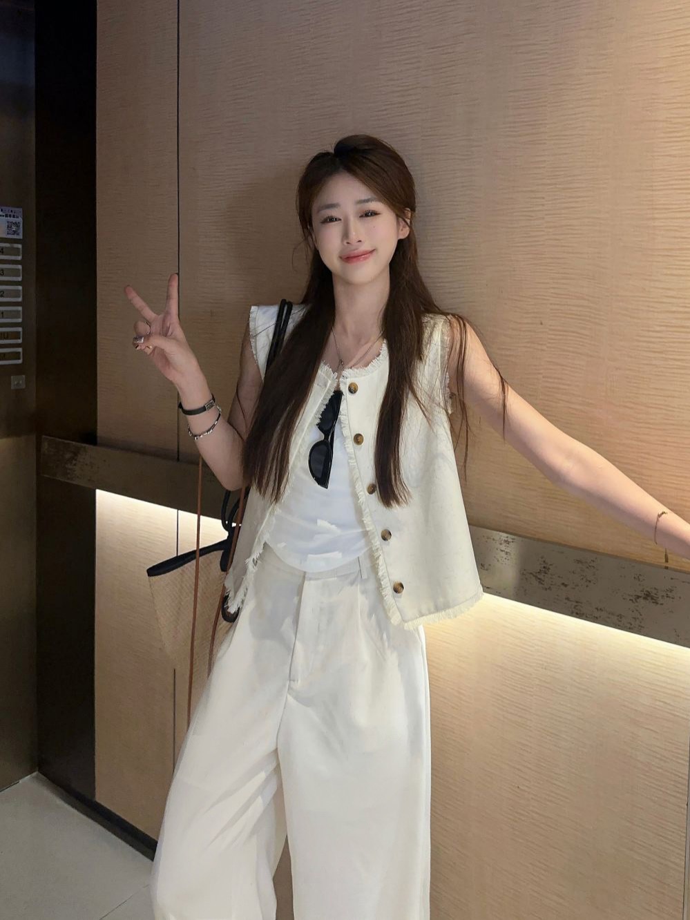 Actual shot ~ Old money style linen style tassel vest for women sleeveless top + elastic waist straight trousers suit