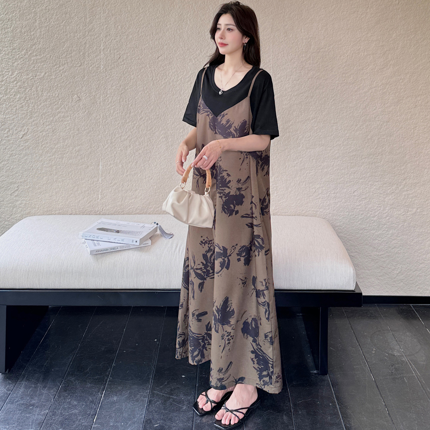 PF14239#新中式水墨吊带假两件裙子复古长款连衣裙女裝貨源服裝批發