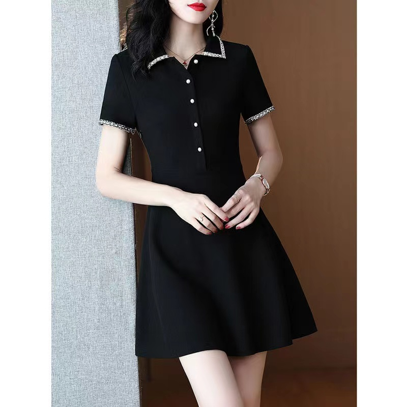 Scheming little black dress for women 2024 spring and summer new style small fragrant waist slim fit POLO short-sleeved Hepburn dress