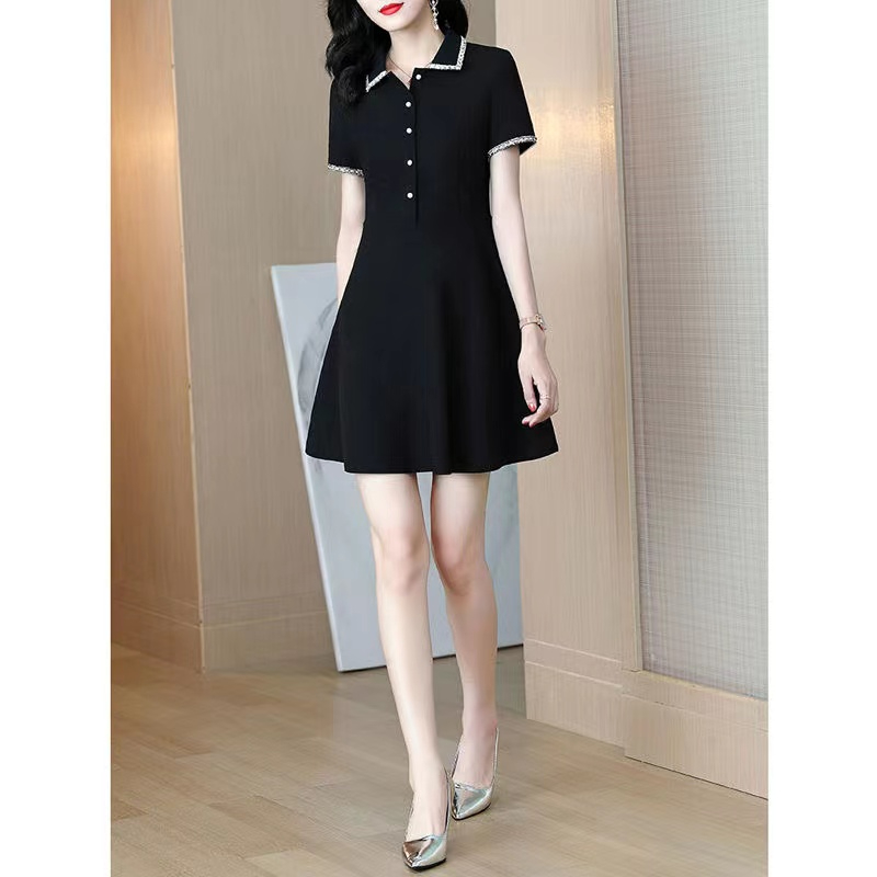 Scheming little black dress for women 2024 spring and summer new style small fragrant waist slim fit POLO short-sleeved Hepburn dress