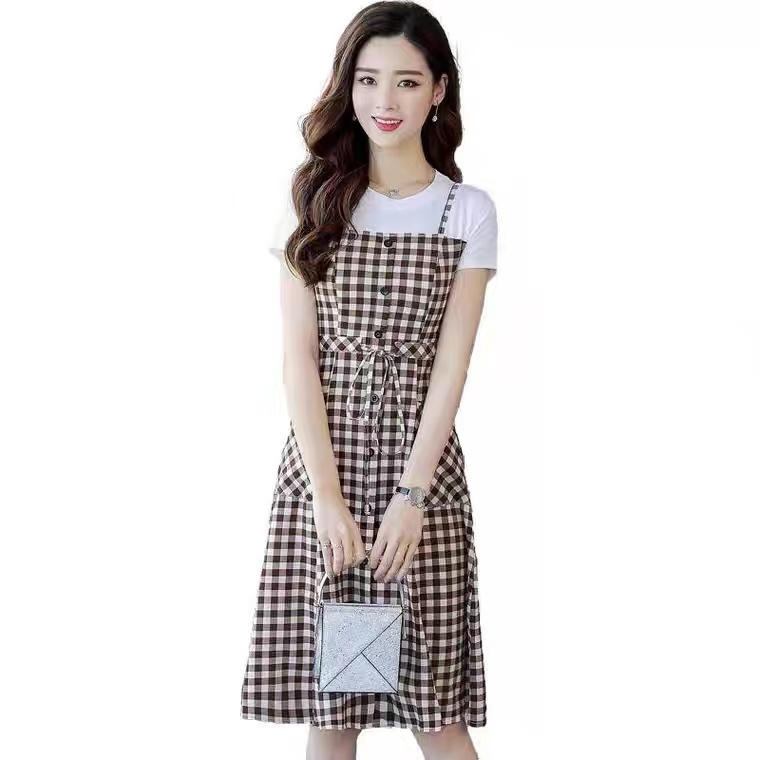 Sling Plaid Dress Women 2024 Summer New Slim Fit Waist Mid-Length Casual Fake Two-piece A-Line Skirt