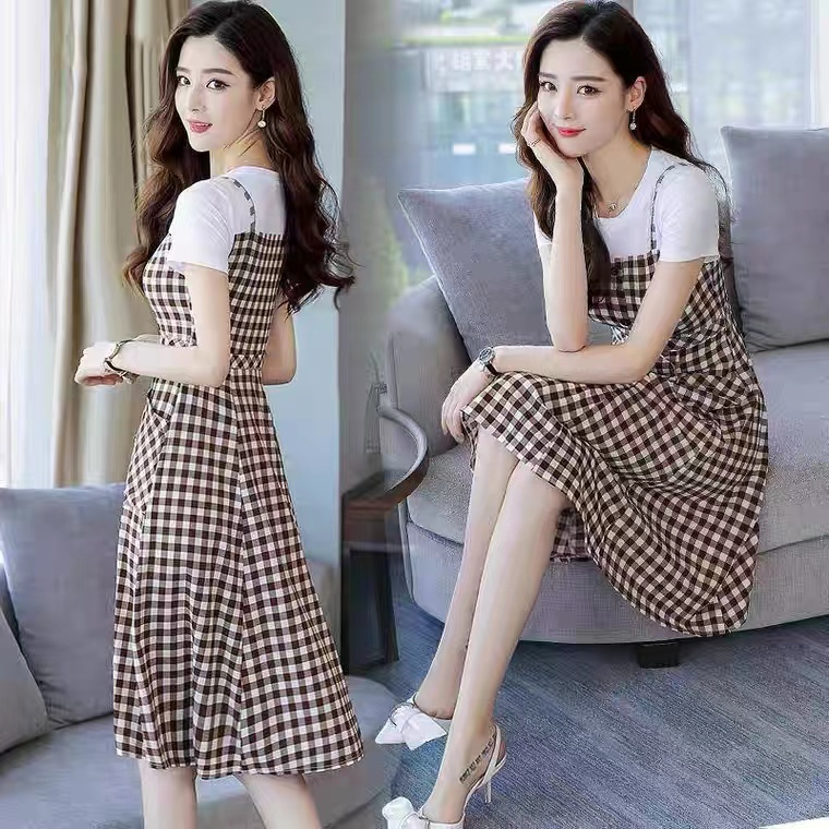 Sling Plaid Dress Women 2024 Summer New Slim Fit Waist Mid-Length Casual Fake Two-piece A-Line Skirt