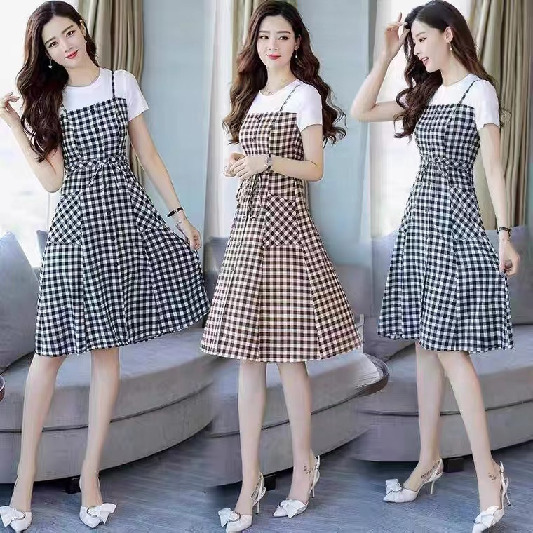 Sling Plaid Dress Women 2024 Summer New Slim Fit Waist Mid-Length Casual Fake Two-piece A-Line Skirt