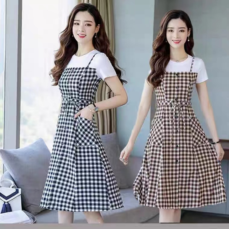 Sling Plaid Dress Women 2024 Summer New Slim Fit Waist Mid-Length Casual Fake Two-piece A-Line Skirt