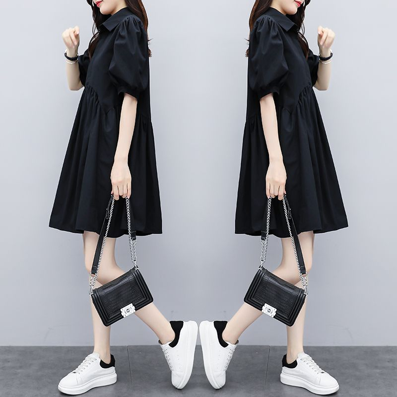 2024 Summer New Plus Size Women's Belly Covering Dress Women's Fat MM Loose Slim Lantern Sleeve A-Line Skirt Summer