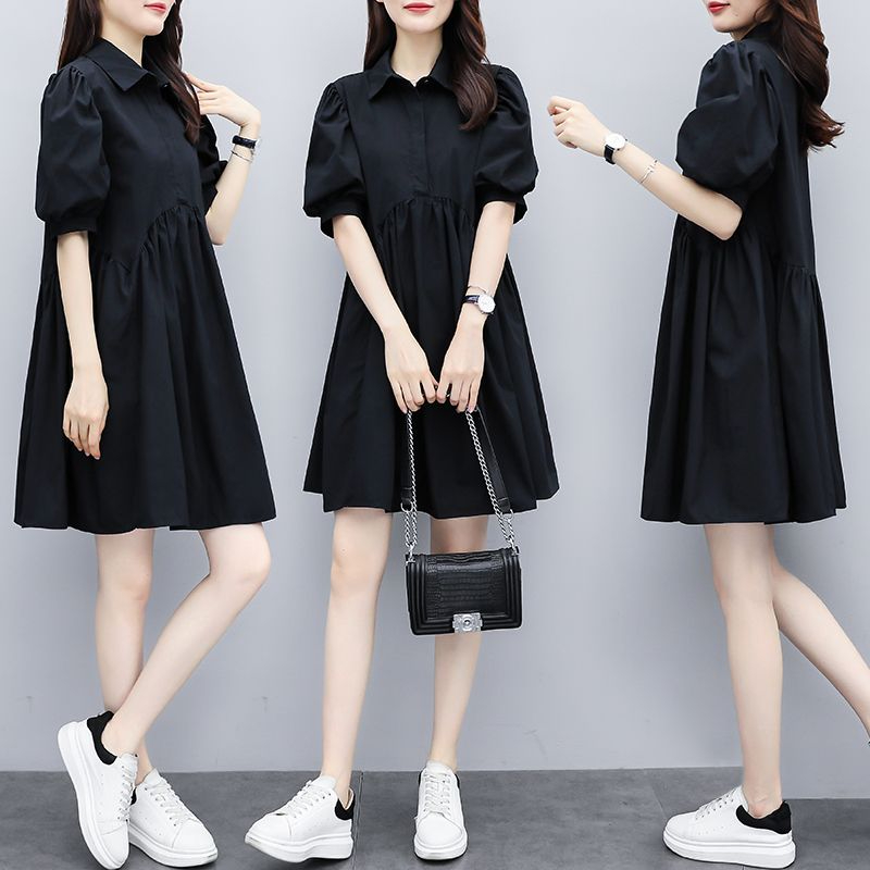 2024 Summer New Plus Size Women's Belly Covering Dress Women's Fat MM Loose Slim Lantern Sleeve A-Line Skirt Summer