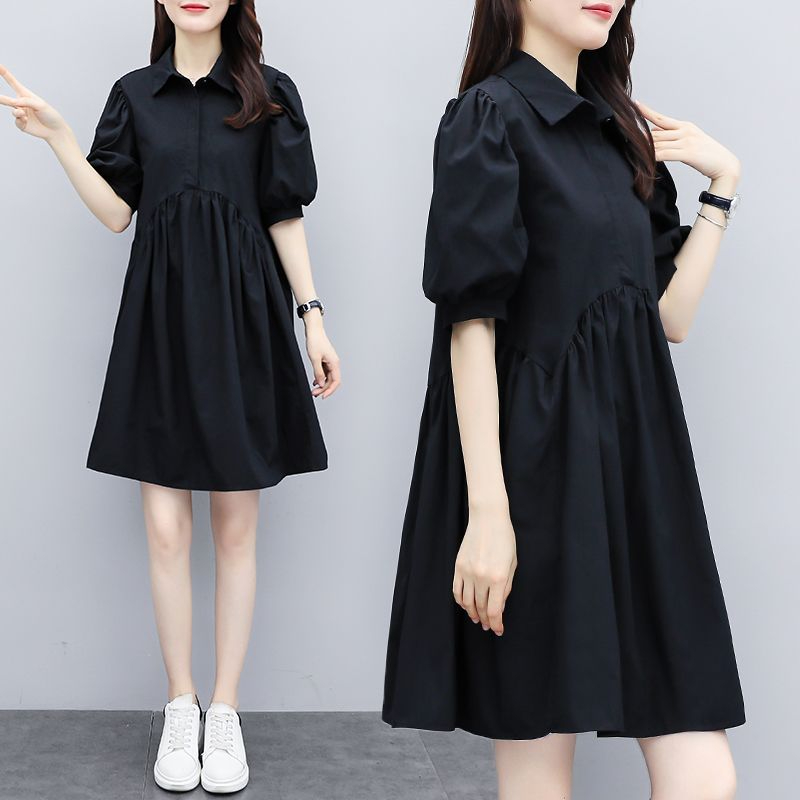 2024 Summer New Plus Size Women's Belly Covering Dress Women's Fat MM Loose Slim Lantern Sleeve A-Line Skirt Summer