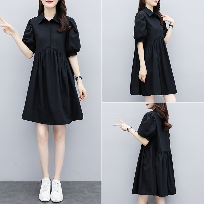 2024 Summer New Plus Size Women's Belly Covering Dress Women's Fat MM Loose Slim Lantern Sleeve A-Line Skirt Summer