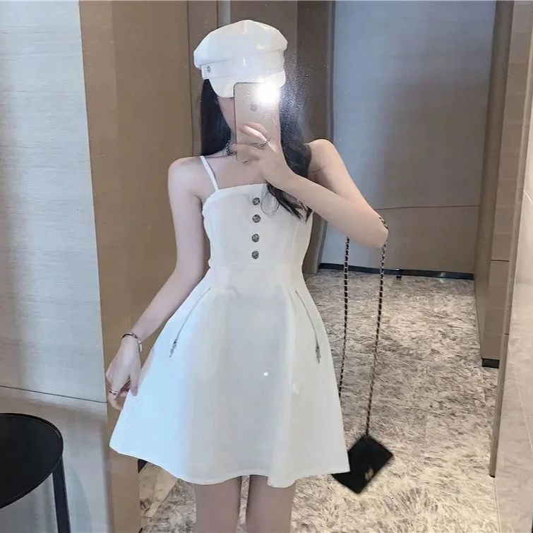 2024 new summer style gentle style can be salty or sweet one-shoulder small waist slimming mid-length suspender dress