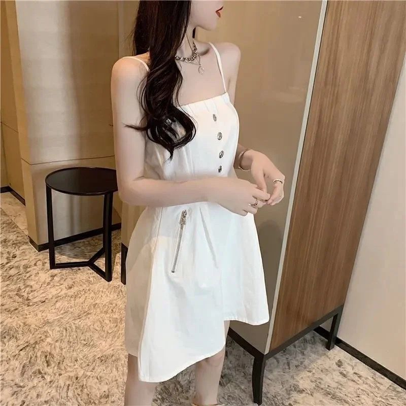 2024 new summer style gentle style can be salty or sweet one-shoulder small waist slimming mid-length suspender dress