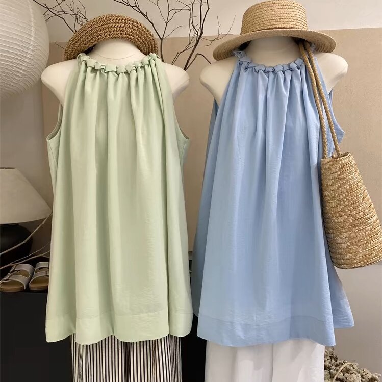 2024 Summer New Sleeveless Off-Shoulder Round Neck Vest Women's A-Type Loose Babydoll Slim Top Neck Weaving