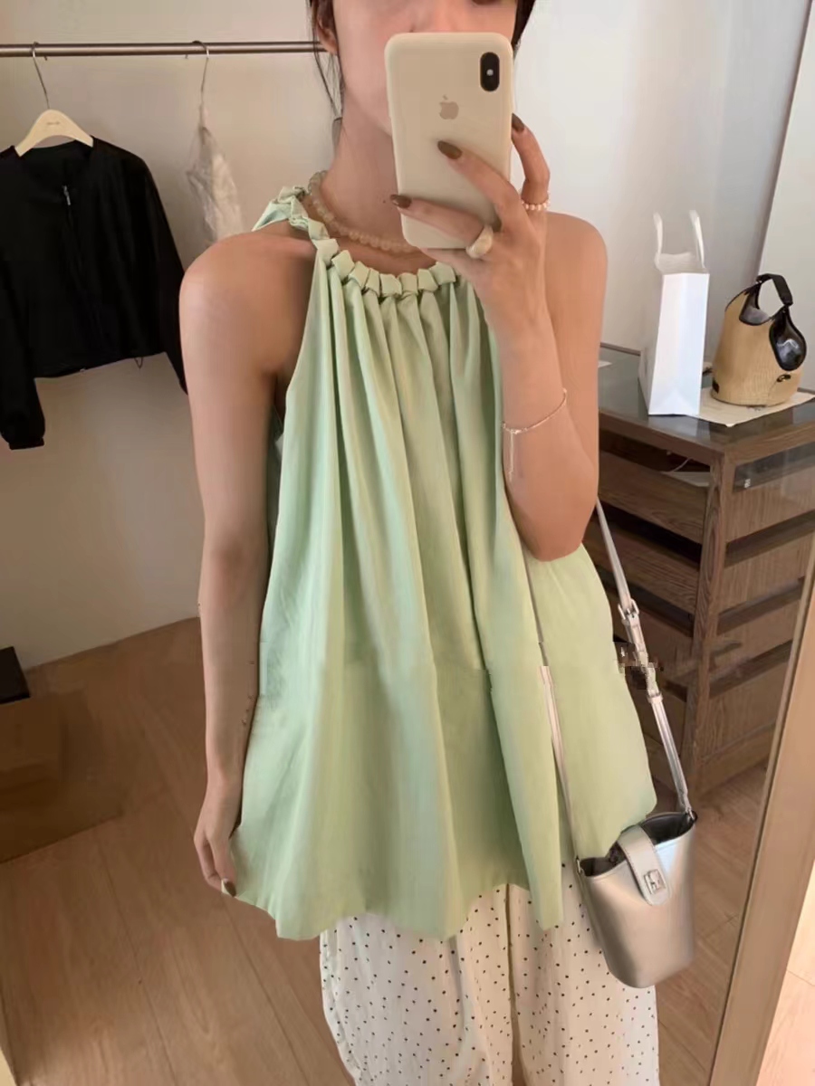Halter neck strappy top for women summer new loose slim design collar braided layered sleeveless vest Korean style