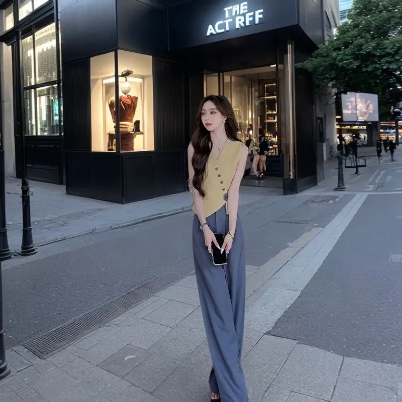 Irregular v-neck suit vest for women summer thin outer wear small waist revealing temperament sleeveless top