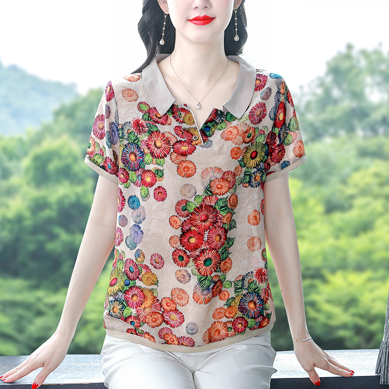 패션 엄마 폴로 칼라 반팔 프린트 쉬폰 티셔츠 여름 드레스 새로운 외국 가스 연령 감소 작은 셔츠 다용도 맨위